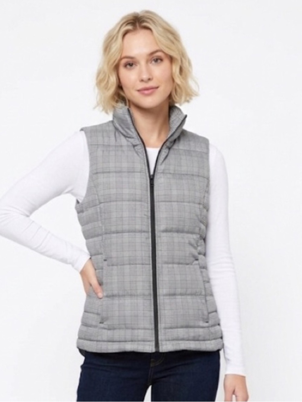 New Lands End Down Puffer Vest Womens XL Plaid 600 Fill Quilted Black And White
